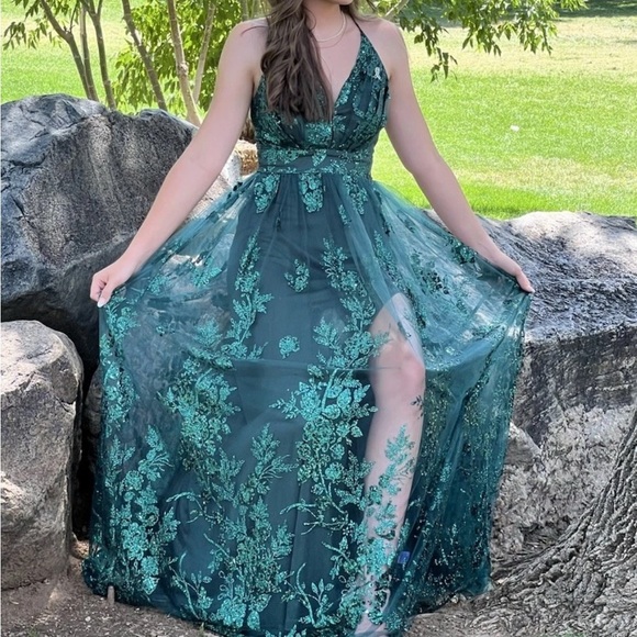 Dark Green Sparkly Shimmer Floor Length Evening Gown Prom Dress Sz XS BEAUTIFUL - Picture 12 of 14